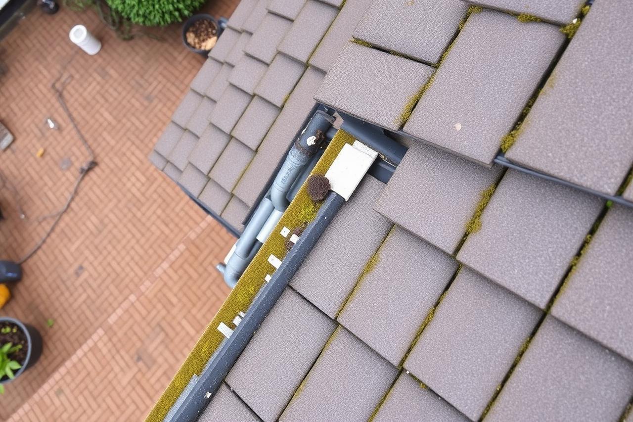 Example drone roof survey photograph: Rear right elevation — gutter run and downpipe head