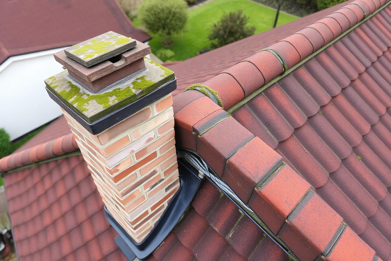 Example drone roof survey photograph: Chimney stack — north elevation and hip junction