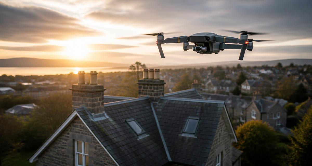 A professional drone flying over a Scottish house roof at sunset